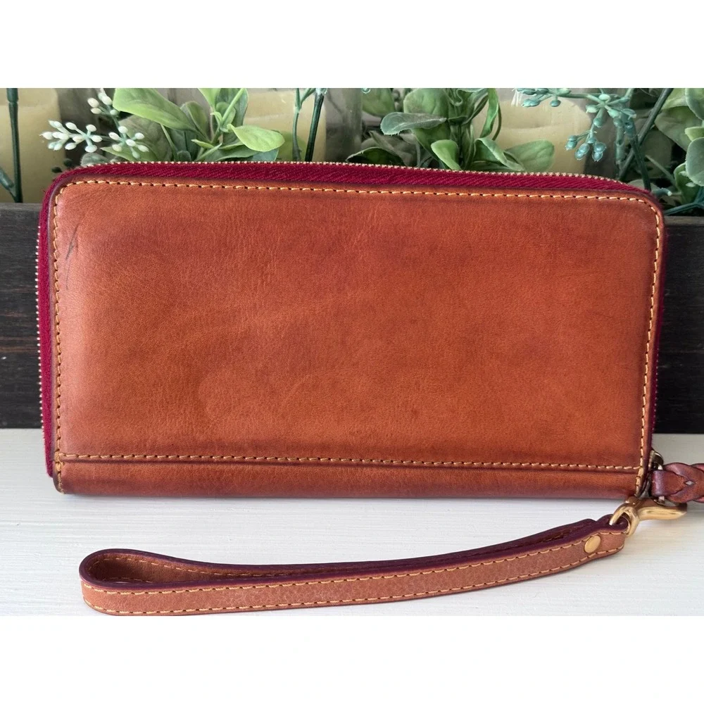 Dooney & Bourke Florentine Folded Zip Wristlet Cognac Leather Wallet